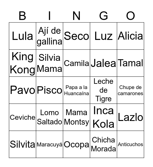 Peruvian Thanksgiving Bingo Card