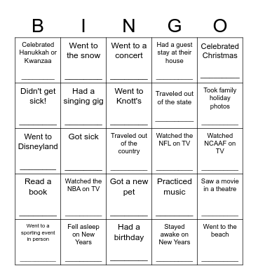 Winter Break Bingo Card