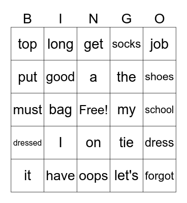 School Clothes Bingo Card