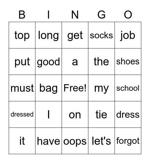 School Clothes Bingo Card
