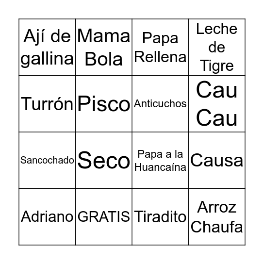 Peruvian Thanksgiving Bingo Card