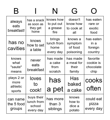 Introduction to Foods Bingo! Bingo Card