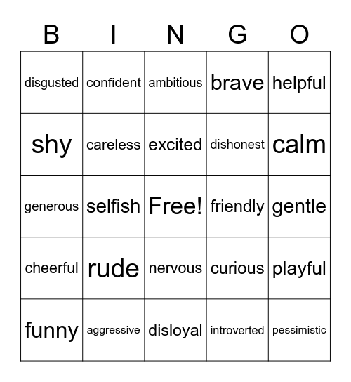 Personality Bingo Card