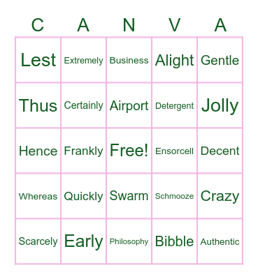 Parts of Speech Bingo Card