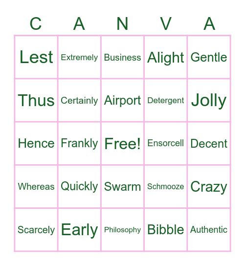 Parts of Speech Bingo Card