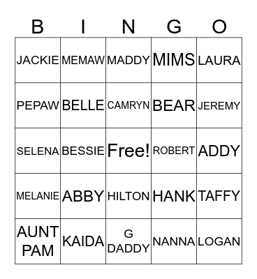 FAMILY MEMBER Bingo Card