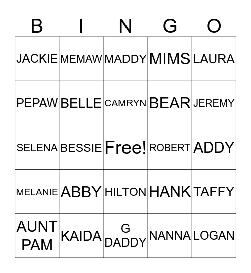 FAMILY MEMBER Bingo Card