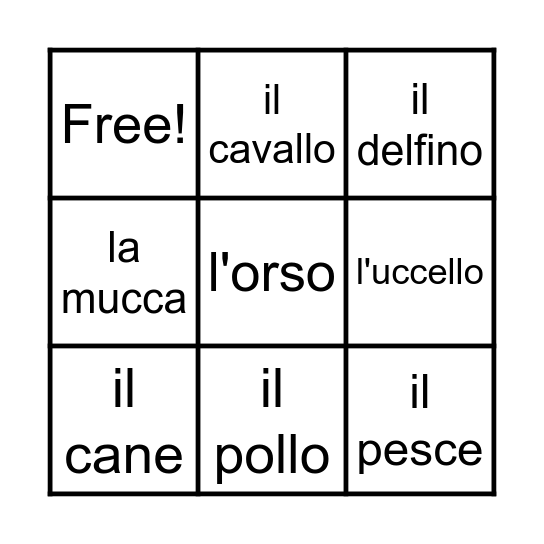 Gli Animali Bingo Card