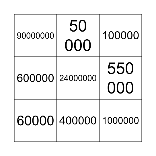 Big numbers Bingo Card