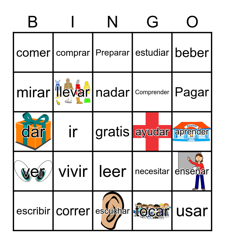 Spanish Infinitive Verbs Meanings Bingo Card