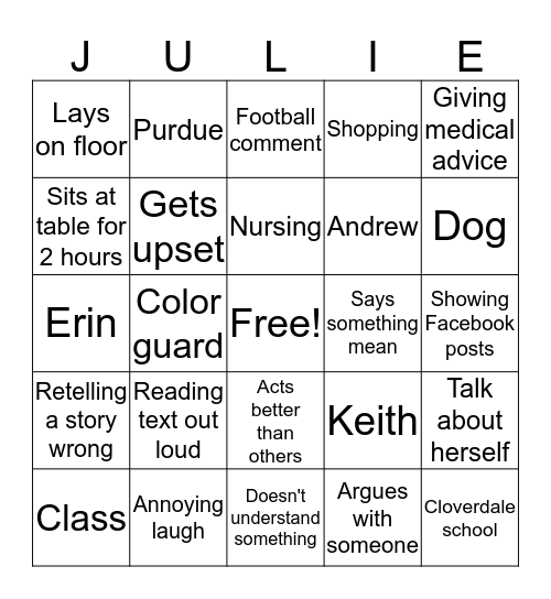 Julie bingo Card