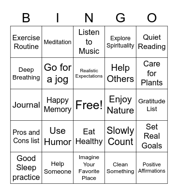 Self Care and Coping Skills Bingo Card