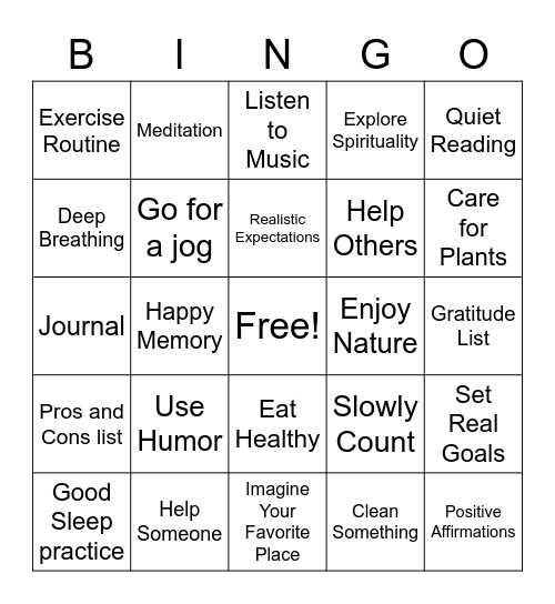 Self Care and Coping Skills Bingo Card