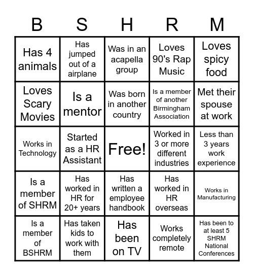 BSHRM Networking Event Bingo Card