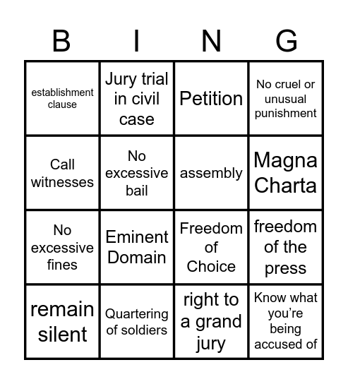 Bill of Rights Bingo Card