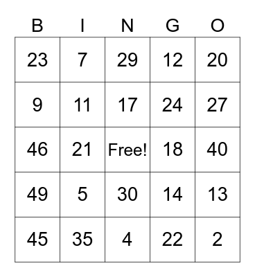 Number Identification Bingo Card