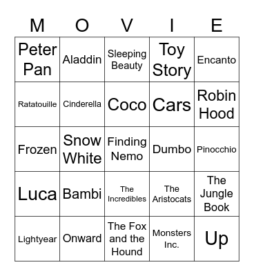 Disney/Pixar Bingo Card