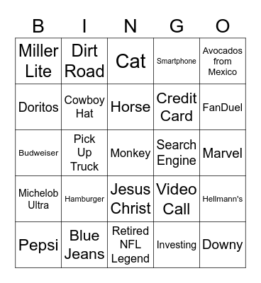 Super Bowl LVII Commerical BINGO Card