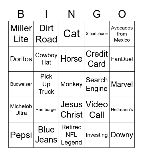 Super Bowl LVII Commerical BINGO Card