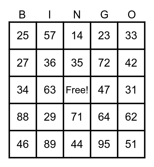 Dice Number Bingo Card