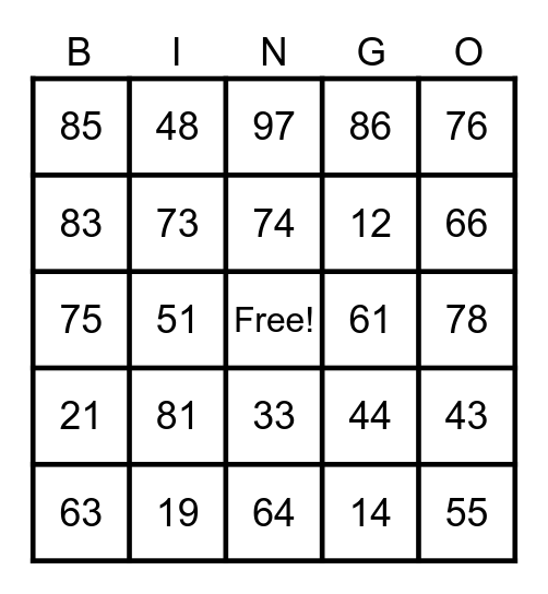 Dice Number Bingo Card