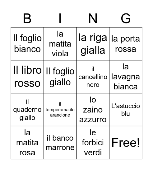 Gli Oggetti della Classe/ I Colori Bingo Card