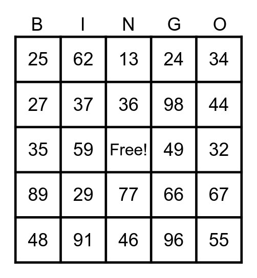 Dice Number Bingo Card