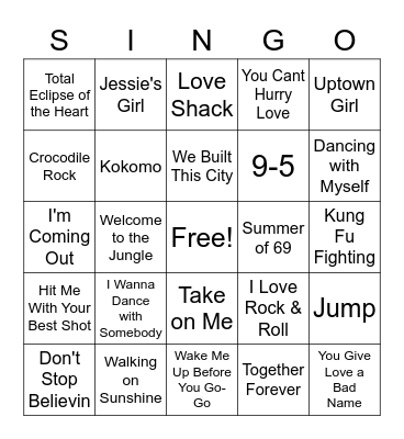 Singo Bingo 80's Bingo Card