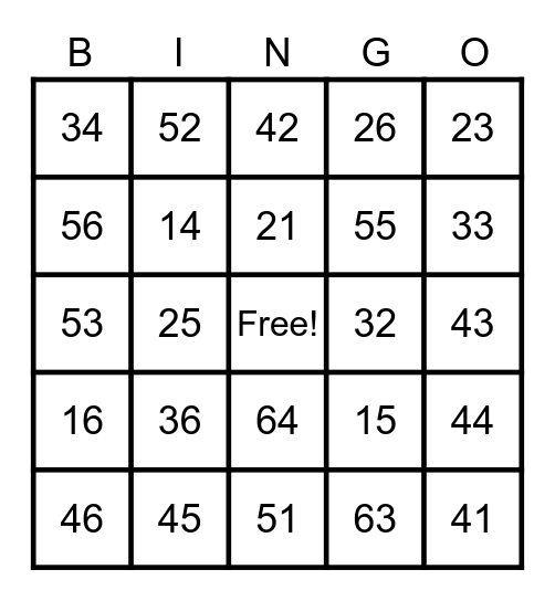 Dice Number Bingo Card