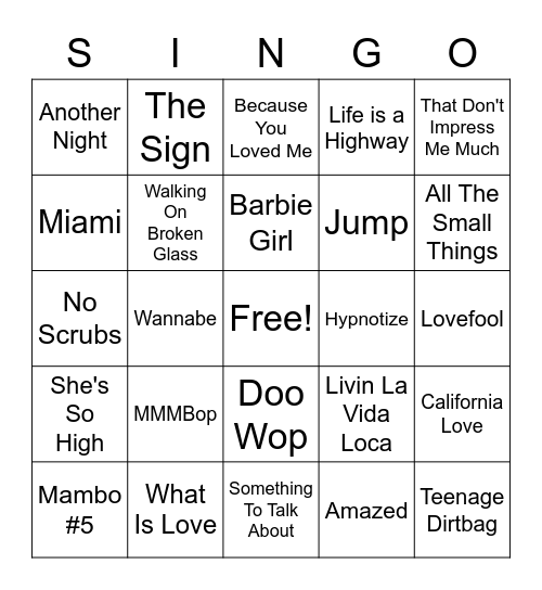 Singo Bingo 90's Bingo Card