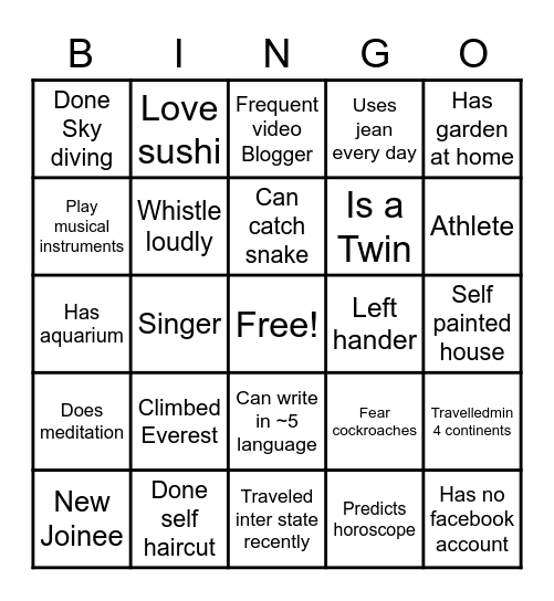 Team Building Bingo Card