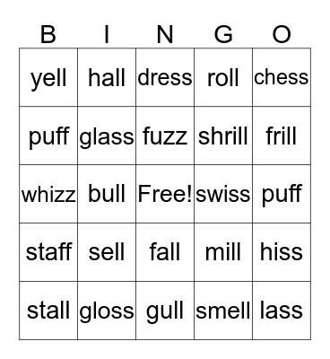 double 'll', 'ss', 'ff', 'zz'. Bingo Card