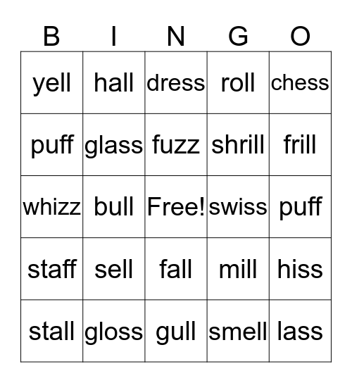 double 'll', 'ss', 'ff', 'zz'. Bingo Card