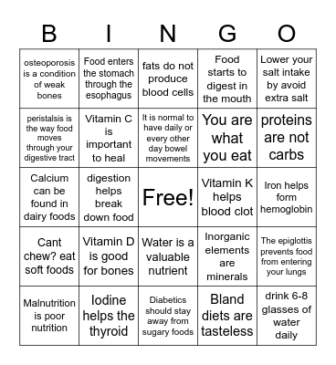 Nutrition Bingo Card