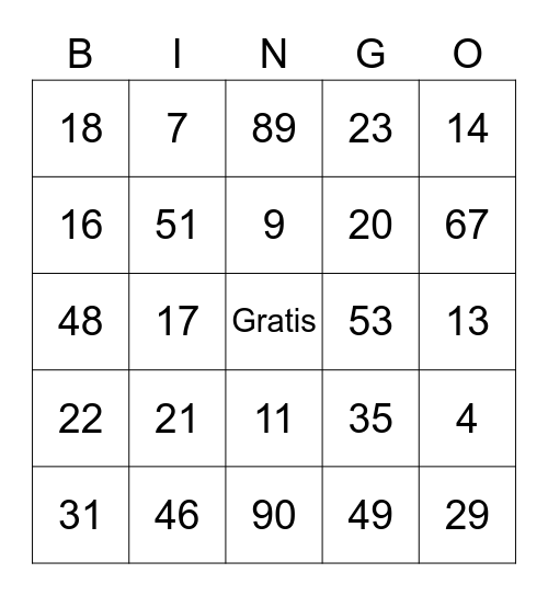 Los Numeros Bingo Card