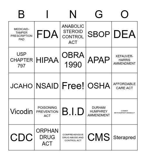 Pharmacy law Bingo Card