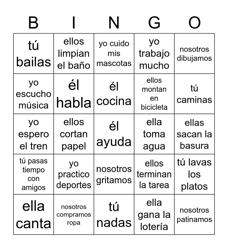 Ar Verbs Bingo Card