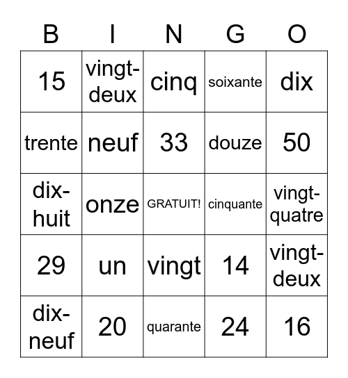 Les numeros 1-60 Bingo Card