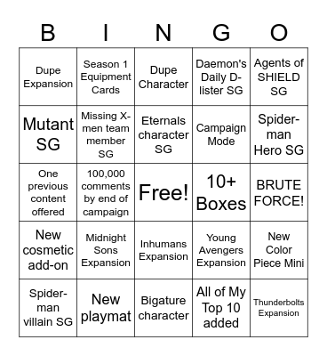 Marvel United Multiverse KS Bingo Card