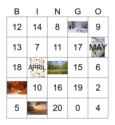 NUMBERS (0-20), MONTHS AND SEASONS Bingo Card