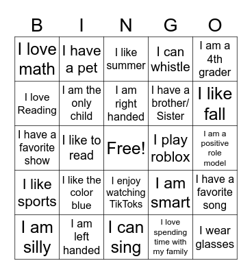Get to know me Bingo Card