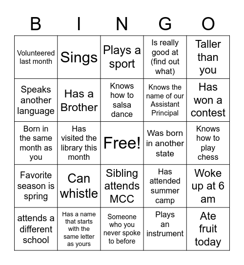 Classmate Bingo... Find someone who Bingo Card