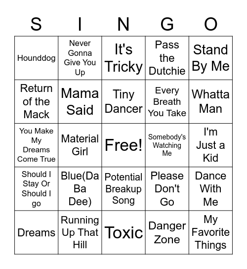 Singo Bingo Comeback Songs Bingo Card