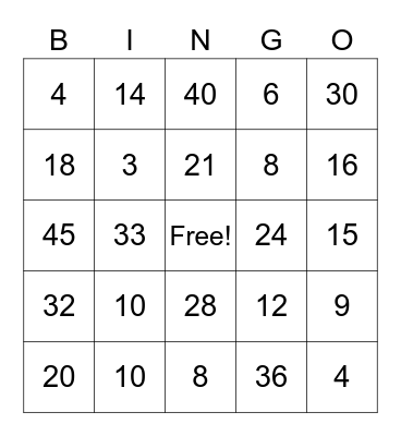 Multiplication (2-5s) BINGO Card