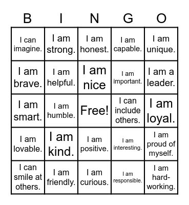 Positive Self-Talk Bingo Card