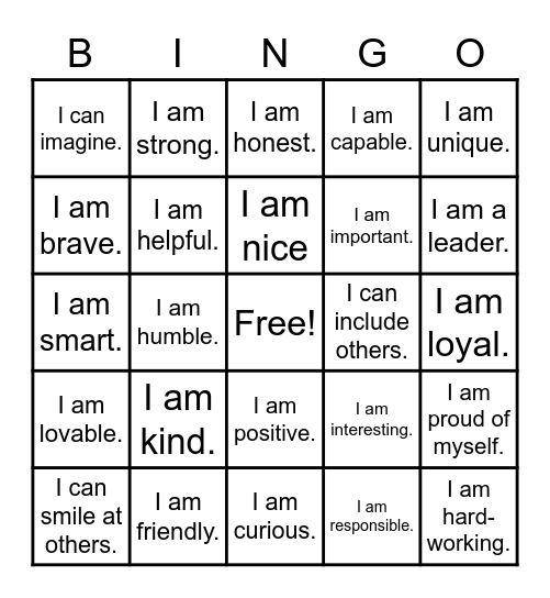 Positive Self-Talk Bingo Card