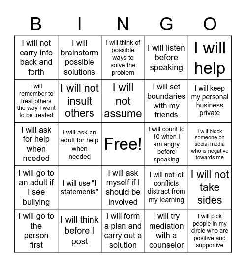 Conflict Resolution Bingo Card