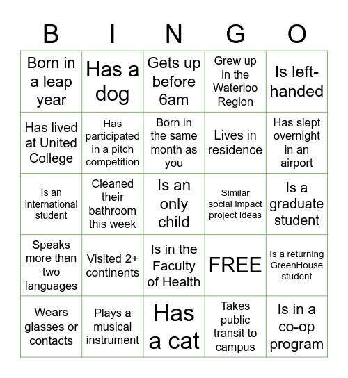 GreenHouse Bingo Card