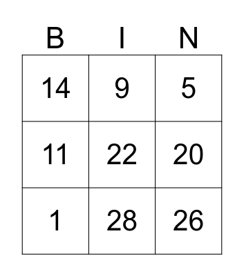 Number Bingo Card