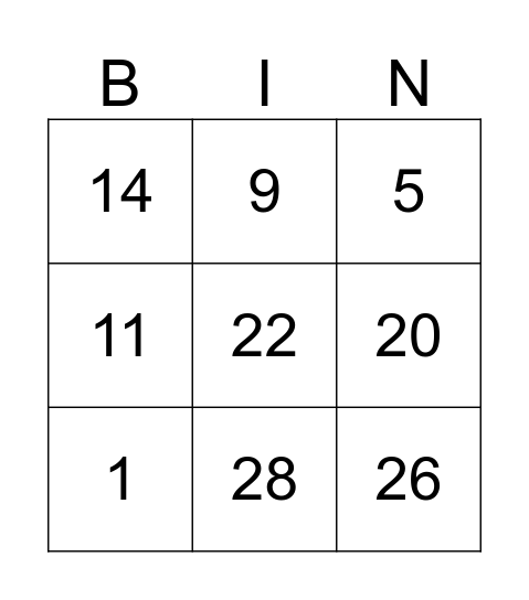 Number Bingo Card